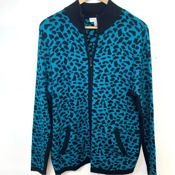 Susan Graver Cardigan Woman Large  Blue Animal Print Full Zip Pockets Stretch - Picture 1 of 11